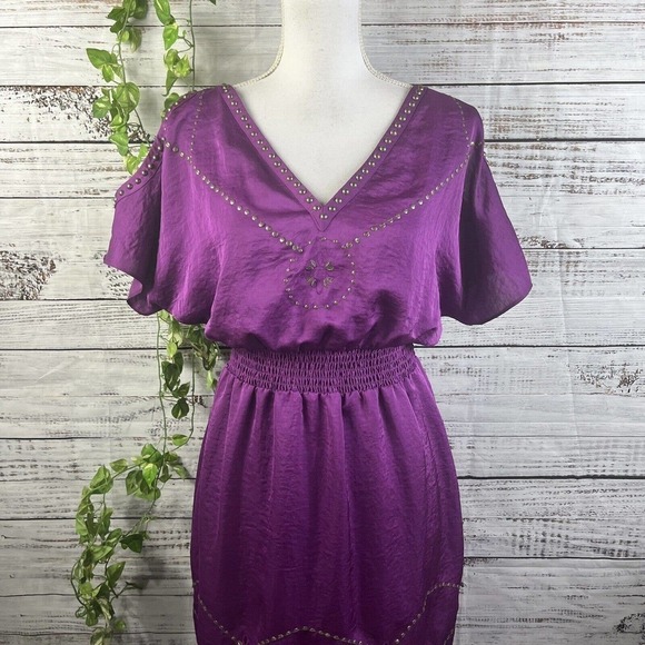 Laundry Shelli Segal Dress Small Purple Sequins Boho Floral Embroidery Knee - Picture 2 of 14